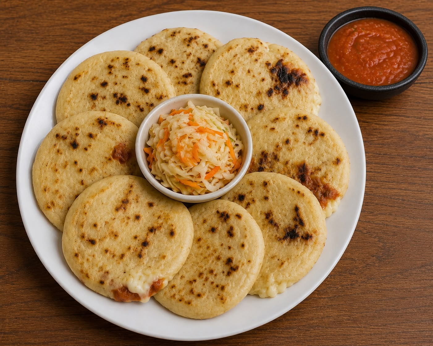 Plate of Venezuelan arepas with slaw and salsa