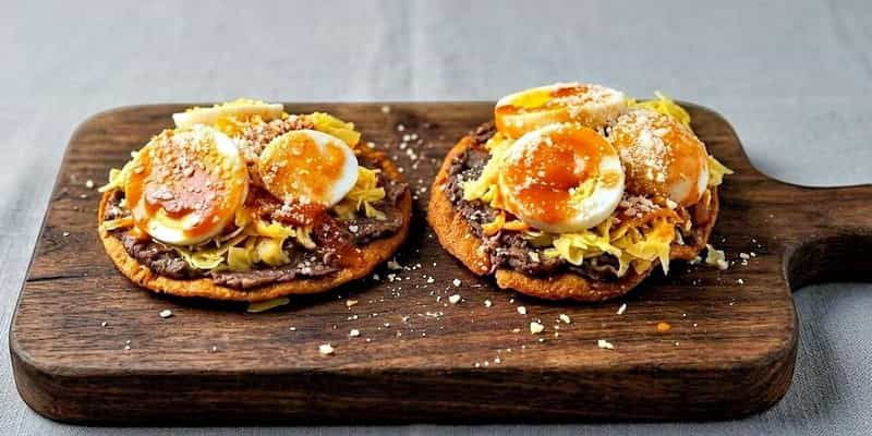 Salvadoran-style tostadas with beans and egg