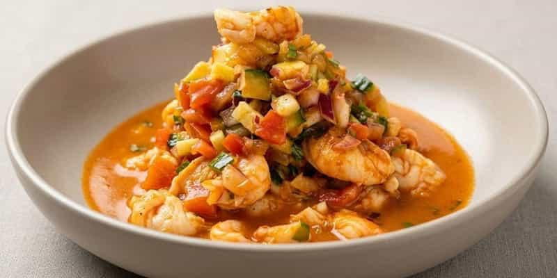 Ceviche in a wide bowl with tomato, cucumber and cilantro
